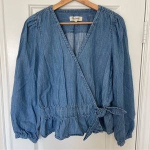Madewell Women’s Chambray Wrap Peplum Top, Medium